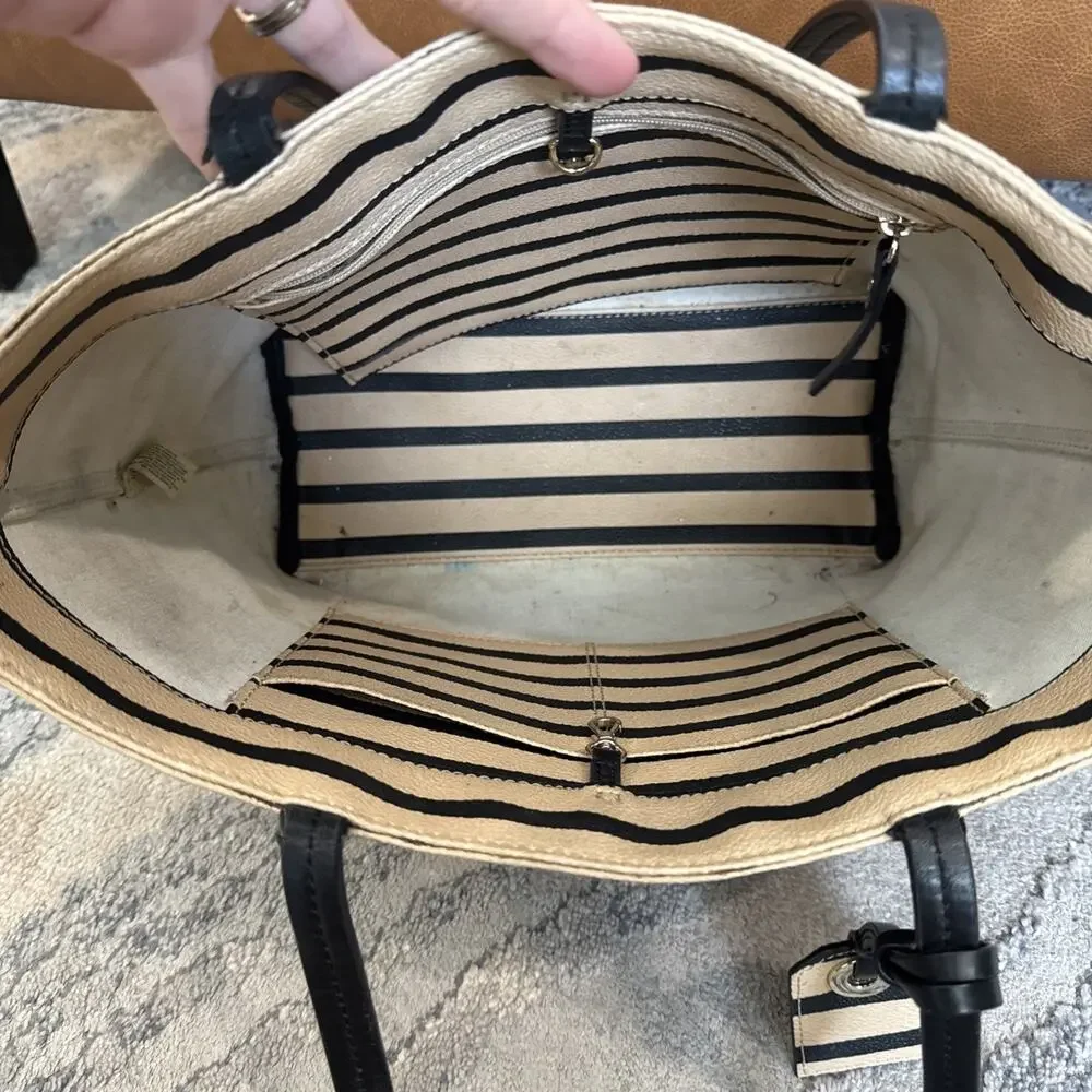 Kate Spade Hyde Lane Dipped Riley Tote Purse Bag Beige/Tan Blk Striped